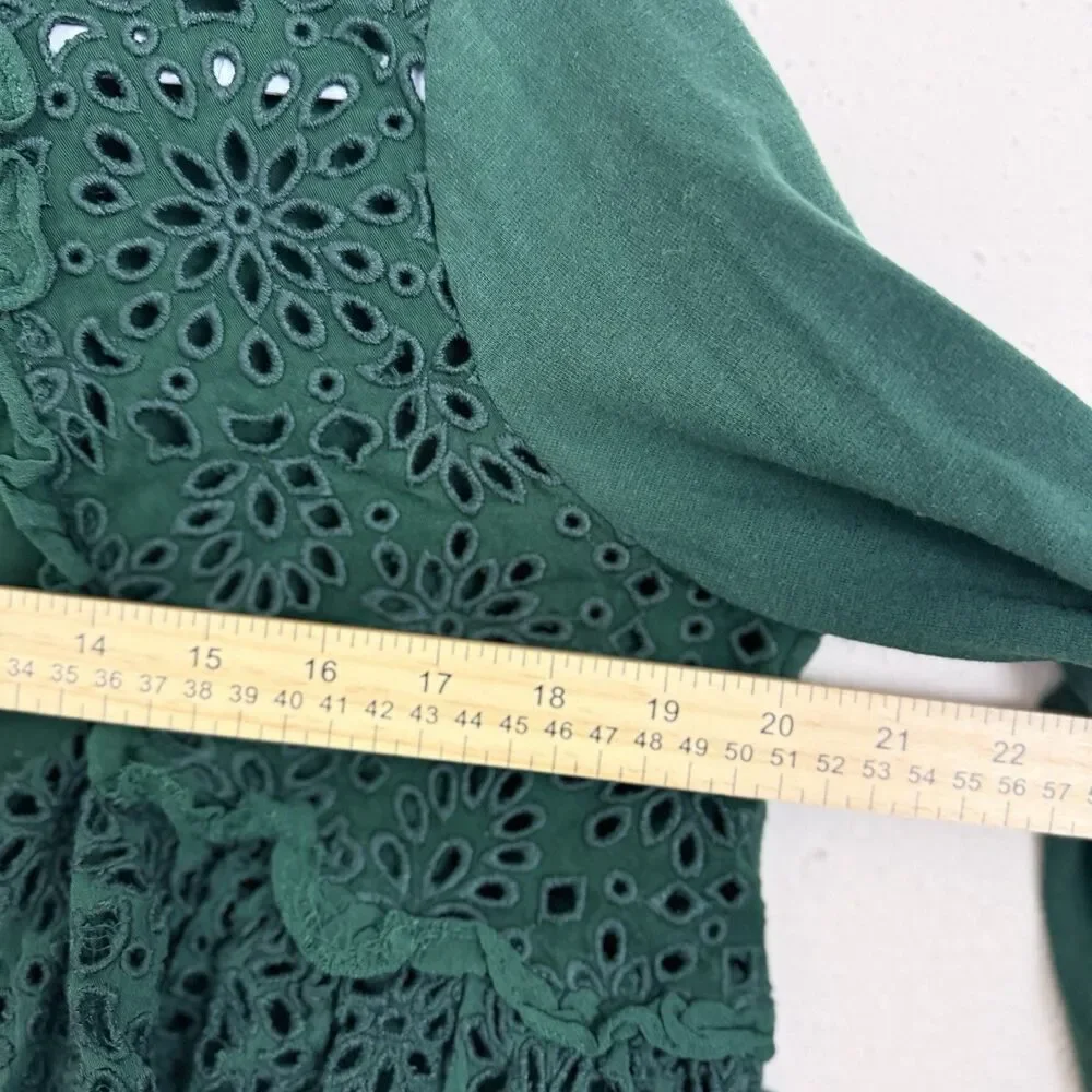 Free People Eyelet Crop Top Brittany Embroidered Sz Medium Green Long Sleeves